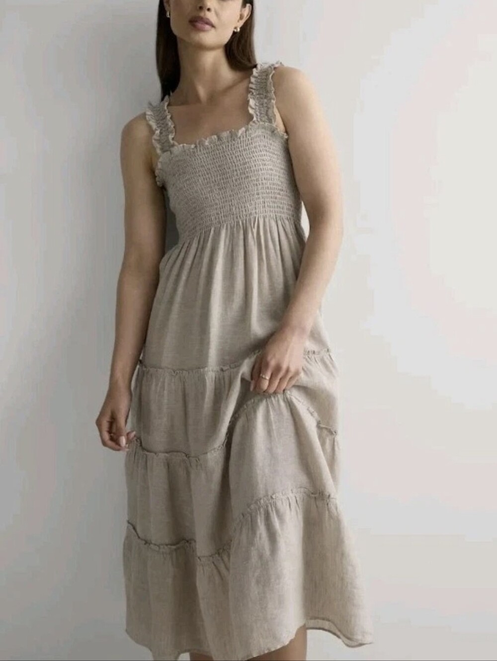 XXS/XS Quince 100% European Linen Smocked Sleeveless Midi Dress in Flax Beige